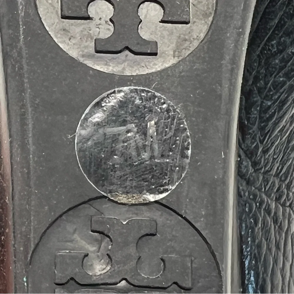 Tory Burch Black Leather Peep-Toe Wedge with Silver Logo